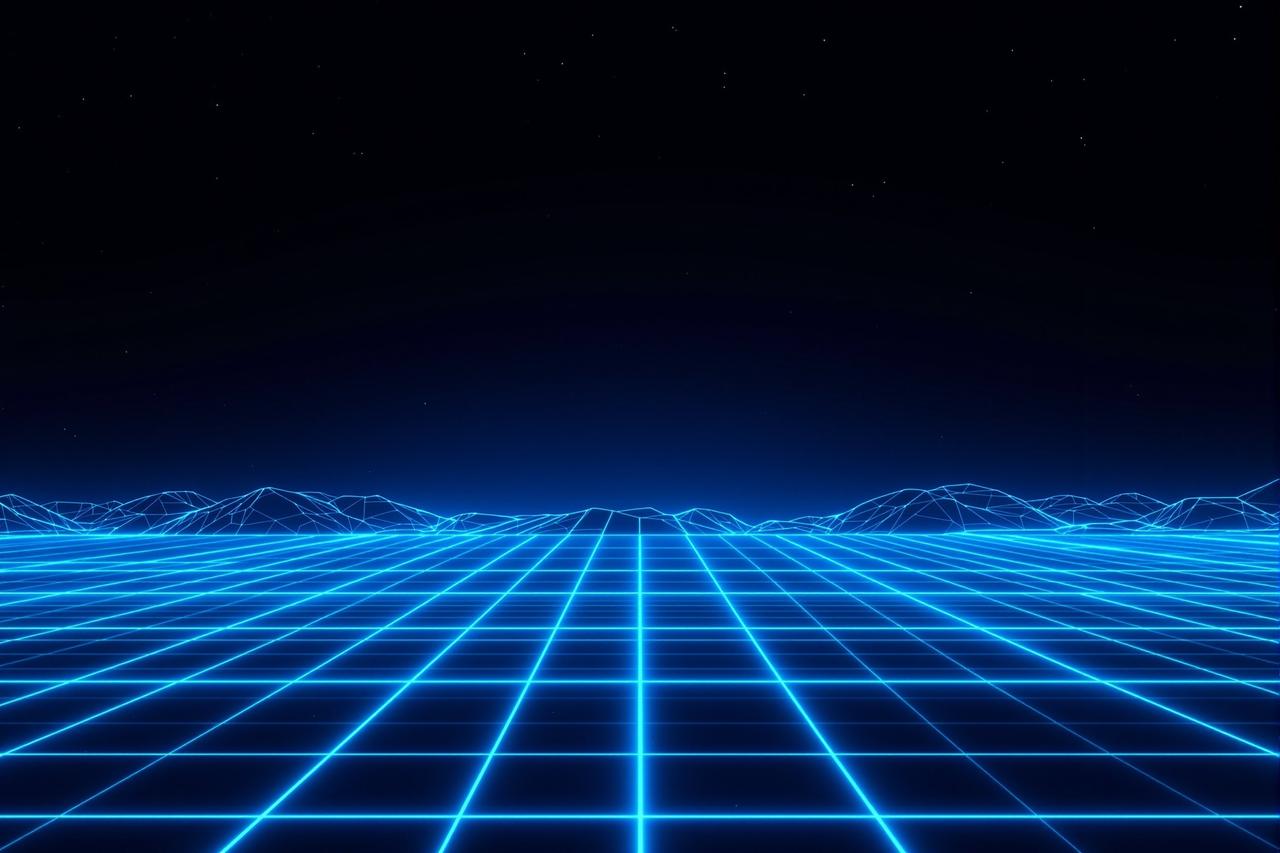 爱爱影视背景 - 霓虹像素网格构成的数字电影世界